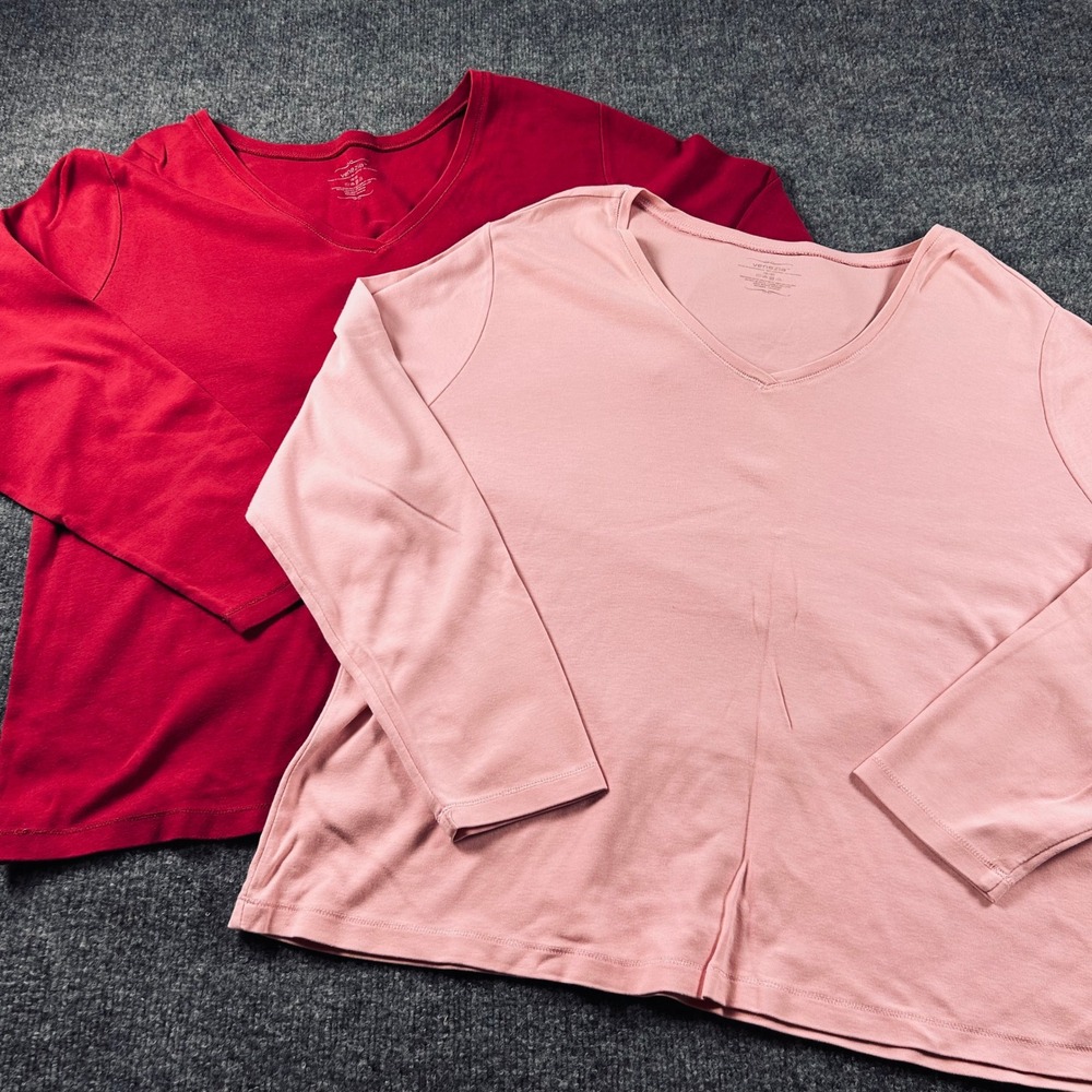 Venezia Womens V-Neck Long Sleeve T-Shirt 2 Pack Red Pink Plus Size 18/20